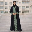 Intricate Geometric Tatreez Embroidered Closed Abaya with Emerald Green &amp; Gold Details - Premium Crepe Fabric with Matching Sheila - Black