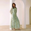 Women's Printed Flowing Maxi Dress - Elegant Nature-Inspired Evening Wear - Green