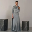 Women's Premium Evening Gown &mdash; Asymmetrical Left-Sleeve Single Cape Maxi Dress &mdash; Daytime Socials, Luxury Resort Wear &amp; Sunset Soir&eacute;es &mdash; Blue-Grey