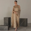 Women's Regular Asymmetrical Cape Maxi Silhouette Dress - Asymmetric Sleeveless &amp; Single Cape Sleeve Printed Maxi Dress For Formal Galas, Seasonal Upscale Events, Or Exclusive Evening Soir&eacute;es. - Beige