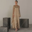 Women's Regular Asymmetrical Cape Maxi Silhouette Dress - Asymmetric Sleeveless &amp; Single Cape Sleeve Printed Maxi Dress For Formal Galas, Seasonal Upscale Events, Or Exclusive Evening Soir&eacute;es. - Beige