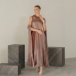 Women's Premium Evening Gown &mdash; Asymmetrical Single Cape Satin Maxi Dress With Statement Brooch &mdash; Daytime Socials, Luxury Resort Wear &amp; Sunset Soir&eacute;es &mdash; Brown