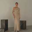 Women's Asymmetrical Maxi Dress - Sleeveless With One Long Sleeve Adorned With A Distinctive Brooch - Suitable For Daytime Social Occasions, Luxurious Resort Wear, And Sunset Evenings - Beige