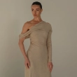 Women's Asymmetrical Maxi Dress - Sleeveless With One Long Sleeve Adorned With A Distinctive Brooch - Suitable For Daytime Social Occasions, Luxurious Resort Wear, And Sunset Evenings - Beige