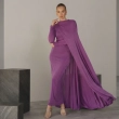 Women's Regular Flowing Cape Maxi Silhouette Dress - Integrated Cape Elegant Wear - For Upscale Evening Socials, Beachfront Galas, Or Elite Resort Dining - Purple