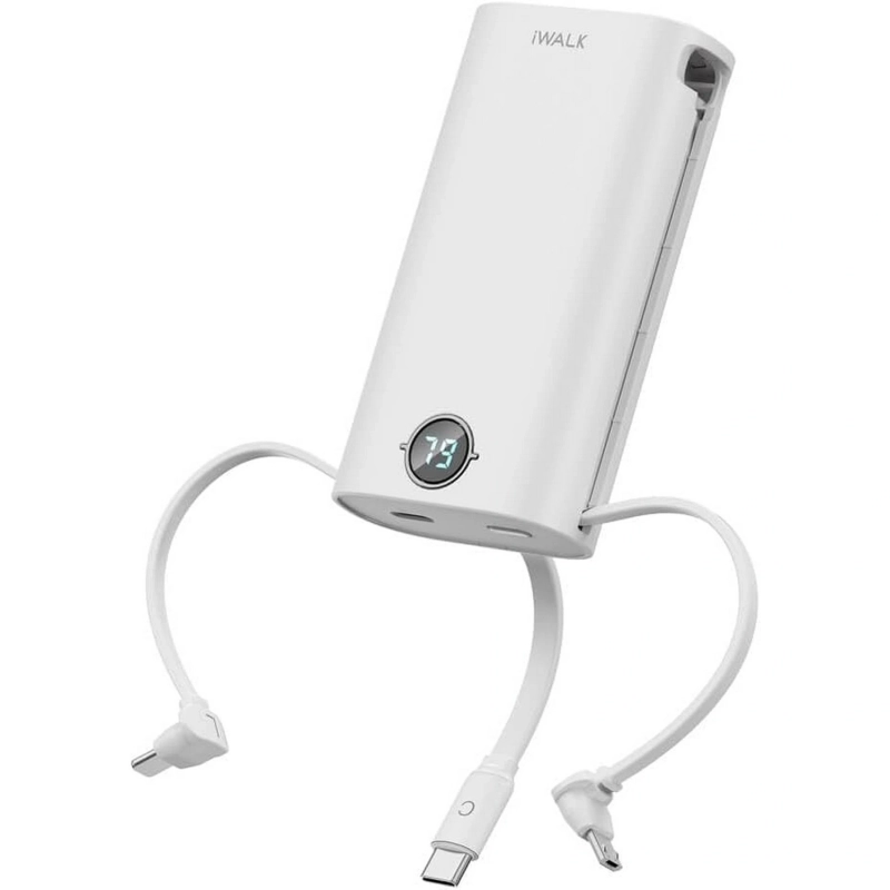 PowerSquid Portable Charger with Built-in 3 Cables, 9000mAh USB C Power Bank Fast Charging 18W PD with LED Display White