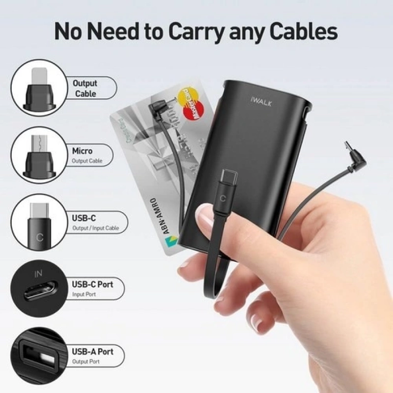 PowerSquid Portable Charger with Built-in 3 Cables, 9000mAh USB C Power Bank Fast Charging 18W PD with LED Display Black