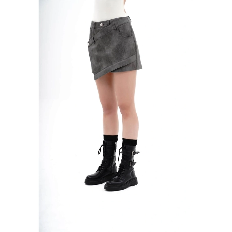 ACID WASHED EFFECT PU - LEATHER MINI SKIRT