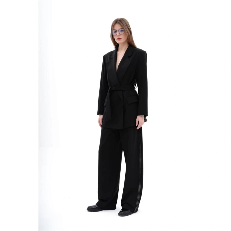 Double Breasted Blazer with Ribbon and Contrast Stitching