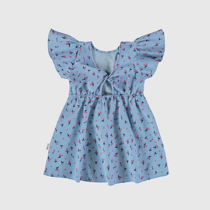 Girl's Cotton Chambray Dress &ndash; Cherry Print - Light Blue
