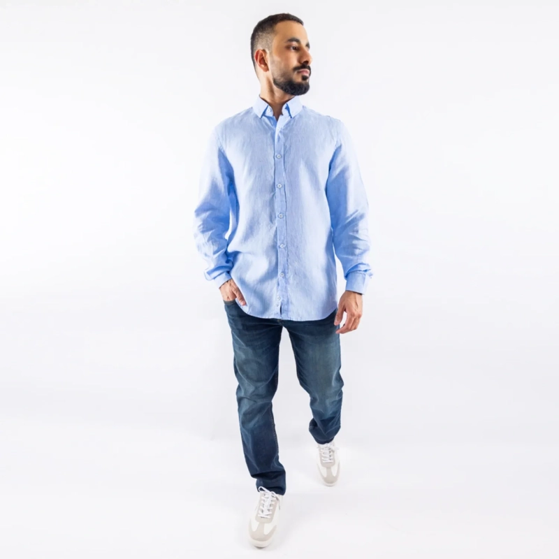 Men's Long Sleeve Shirt - Linen Modern Fit - Light Blue