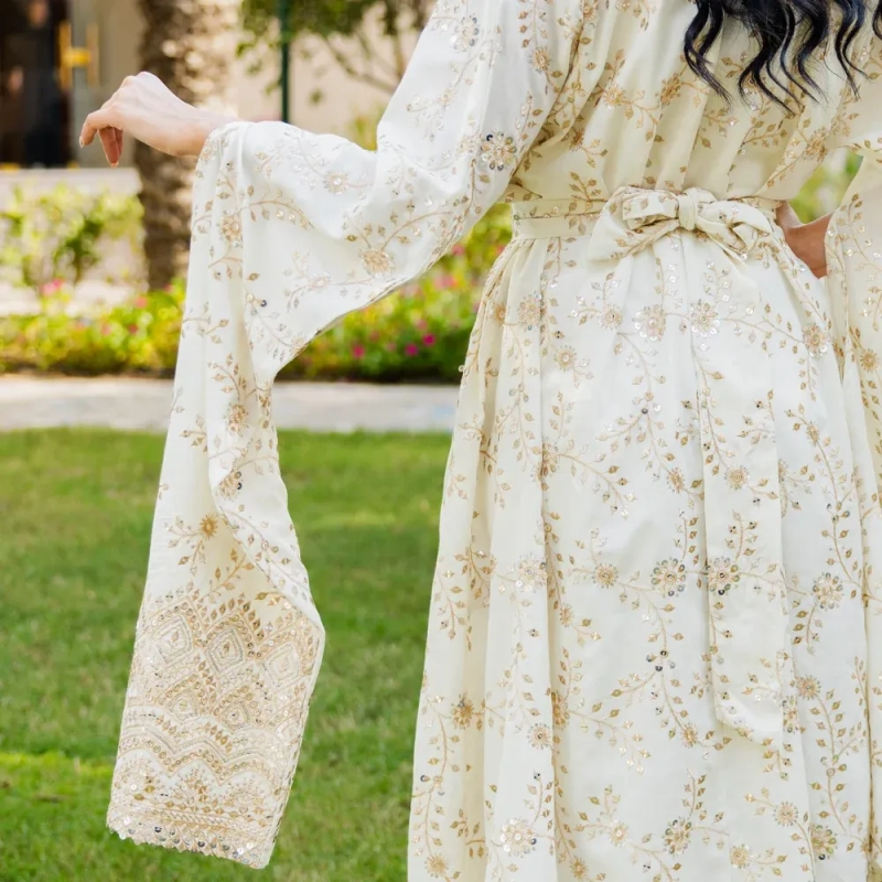 Women's Elegant Regular-Fit Open Abaya with Inner Dress - Embroidered Linen, Elegant Daily Wear