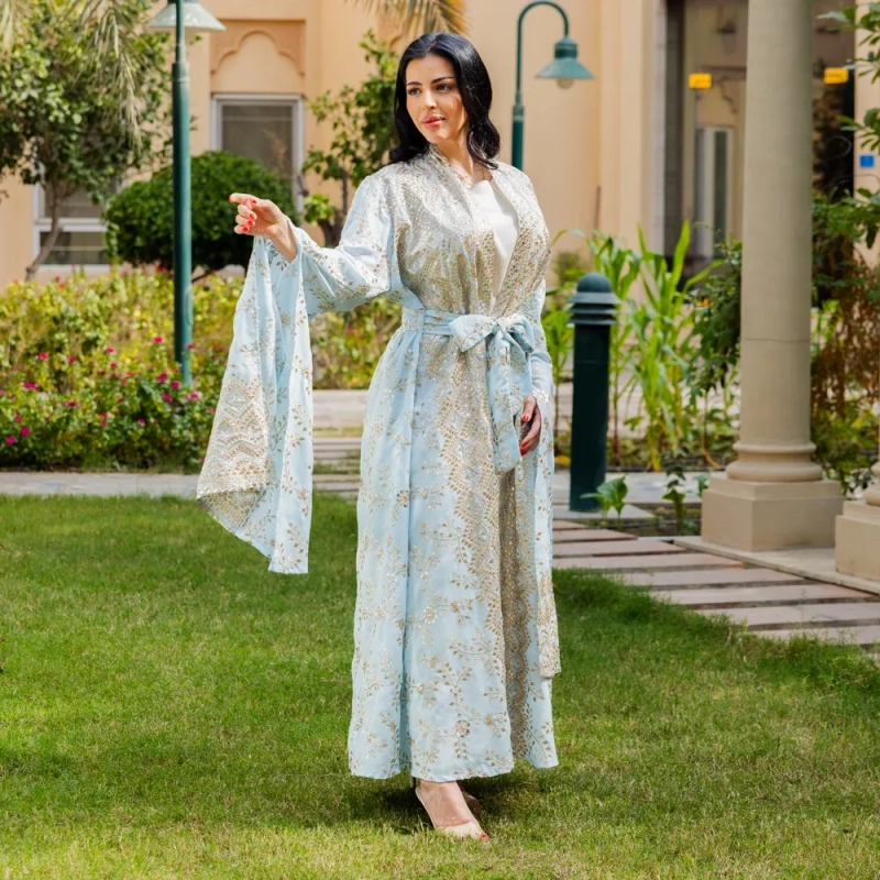 Women's Elegant Regular-Fit Open Abaya with Inner Dress - Embroidered Linen, Elegant Daily Wear