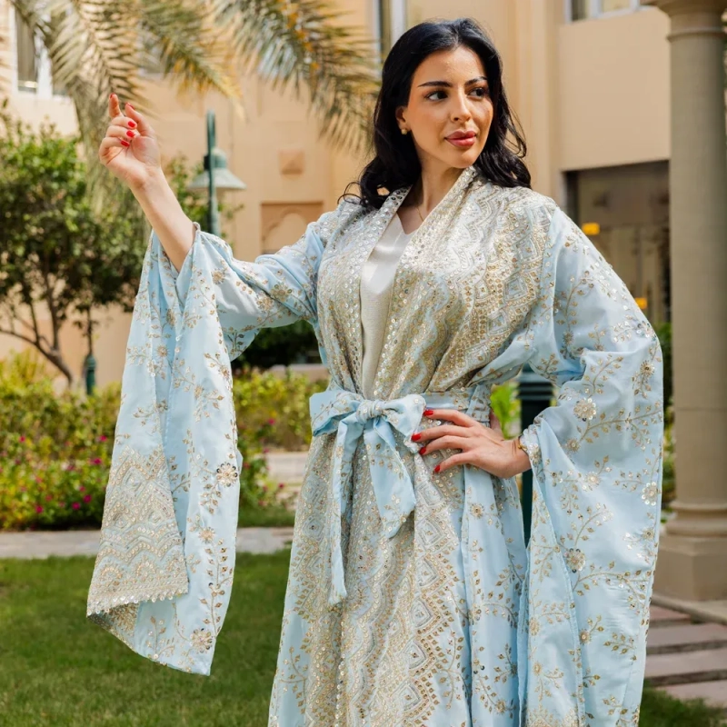 Women's Elegant Regular-Fit Open Abaya with Inner Dress - Embroidered Linen, Elegant Daily Wear
