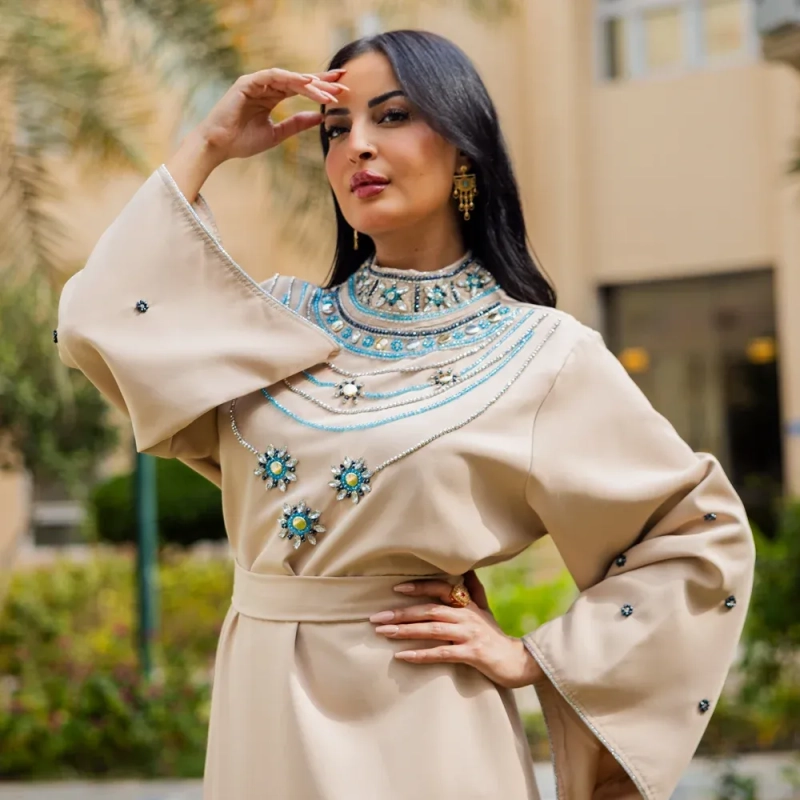 Women's Elegant Beaded Closed Abaya - Festive Occasions, Formal Wear