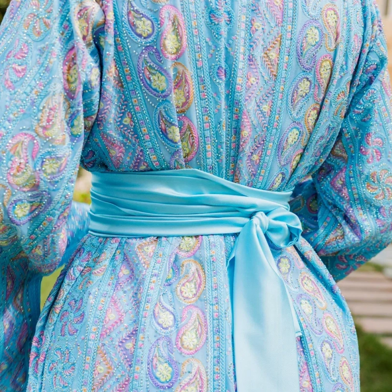 Women's Elegant Regular-Fit Open Kaftan with Belt - Embroidered Crepe, Festive/Daily Wear
