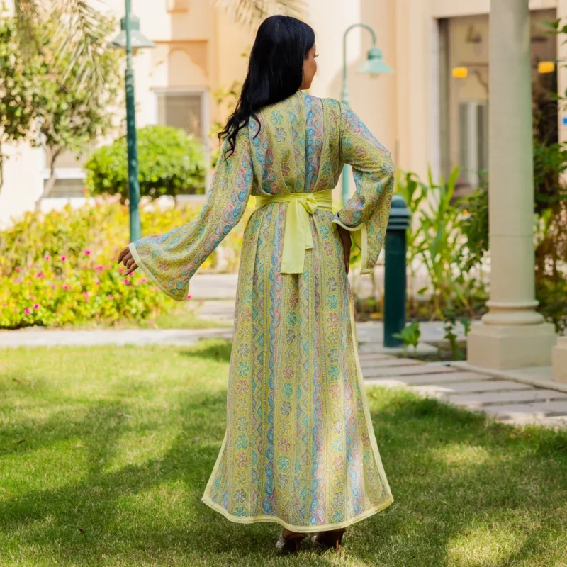 Women's Elegant Regular-Fit Open Kaftan with Belt - Embroidered Crepe, Festive/Daily Wear