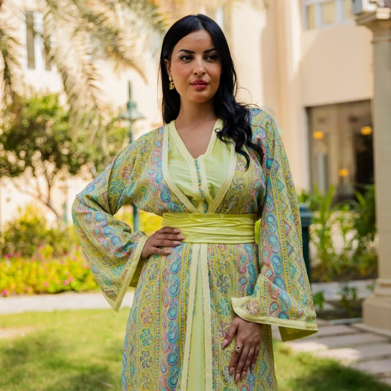 Women's Elegant Regular-Fit Open Kaftan with Belt - Embroidered Crepe, Festive/Daily Wear