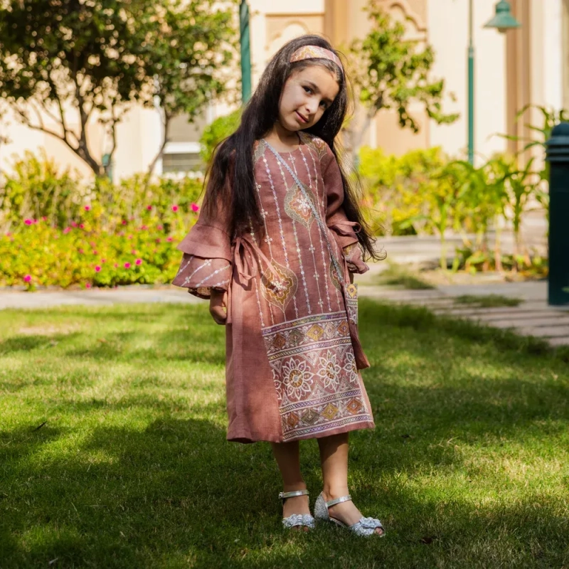Girl's Elegant Regular-Fit Linen Caftan Dress - Garangao, Elegant Gatherings - Dusty Rose &amp; Patterns