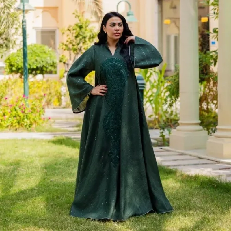 Women's Elegant Regular-Fit Closed Abaya - Embroidered Linen, Daily Modest Wear