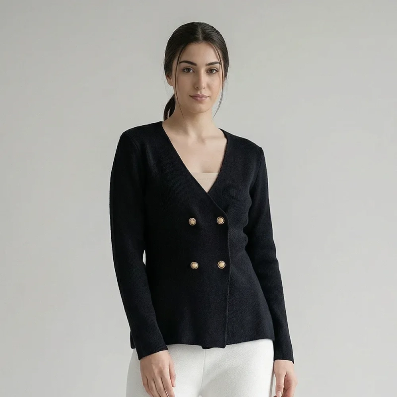 Cozy Women&rsquo;s Knitwear Cardigan With Buttons And Structured Fit &ndash; Black