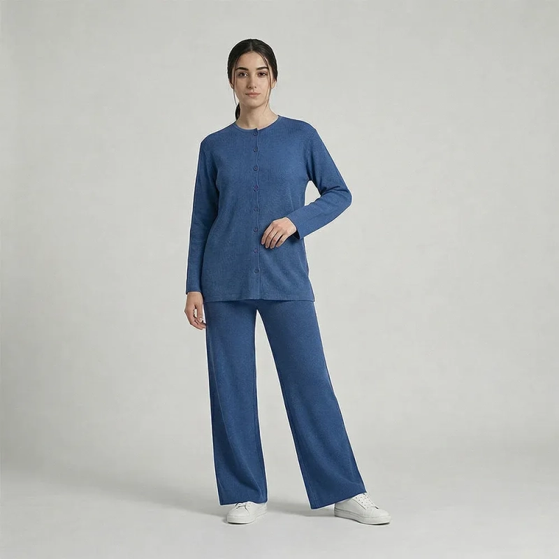 Women&rsquo;s Elegant  Buttoned Knitwear Set With Long Sleeve Top And Wide-Leg Pants
