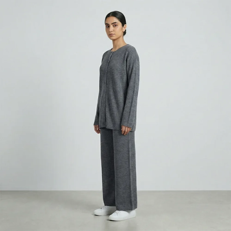 Women&rsquo;s Elegant  Buttoned Knitwear Set With Long Sleeve Top And Wide-Leg Pants