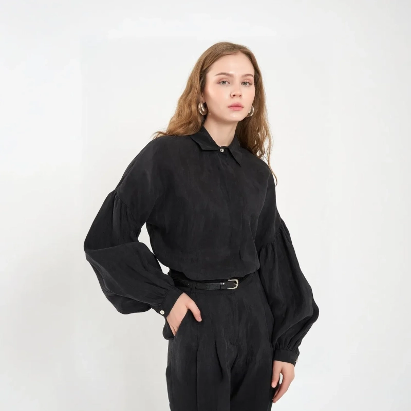 Women&rsquo;s Fluid Motion Two-Piece Set &ndash; Dramatic Lantern-Sleeve Shirt &amp; Tailored Wide-Leg Pants