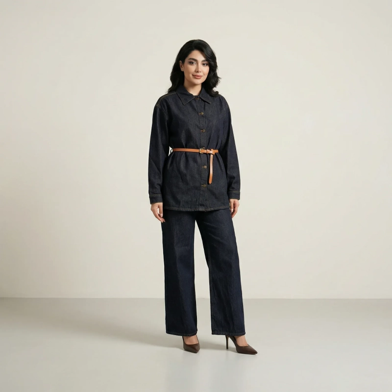Stylish women&rsquo;s denim set with belted jacket and relaxed pants, perfect for casual and smart-casual everyday styling &ndash; Denim Blue