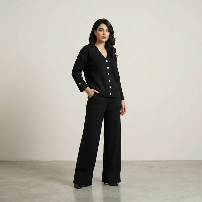 Women&rsquo;s Knit Cardigan and Trousers Set for Elegant Everyday and Smart-Casual Looks &ndash;Black