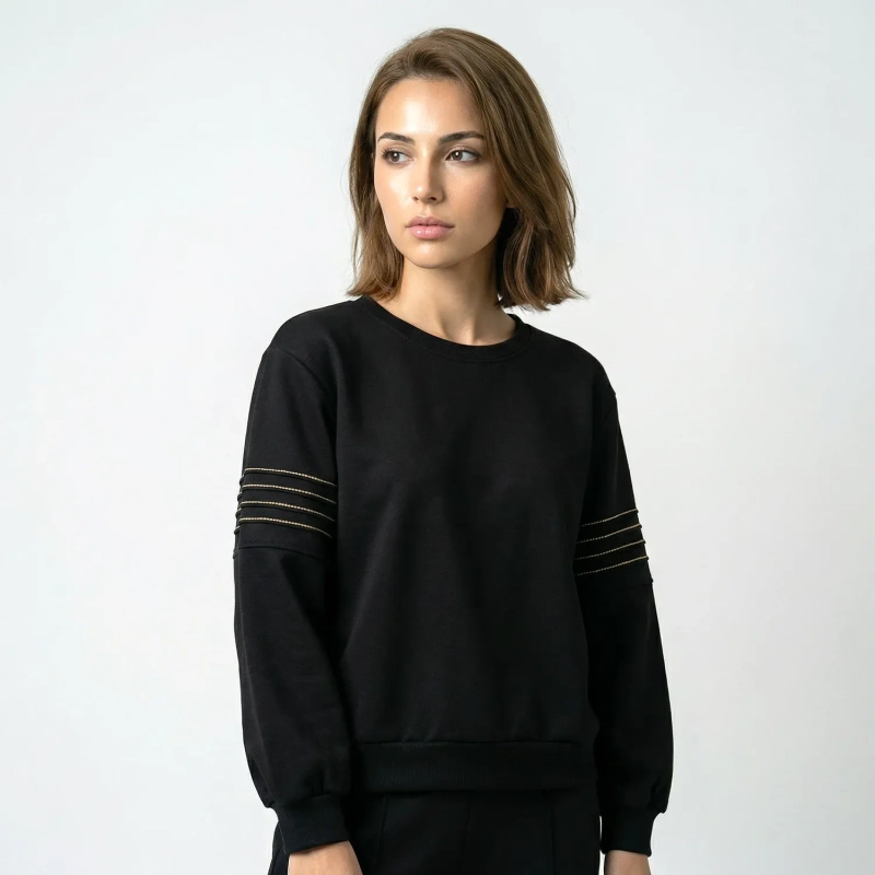 Women&rsquo;s Minimalist Long Sleeve Blouse With Stitched Circular Sleeve Detail &ndash; Comfy Relaxed Fit Top &ndash; Timeless Daily Wear