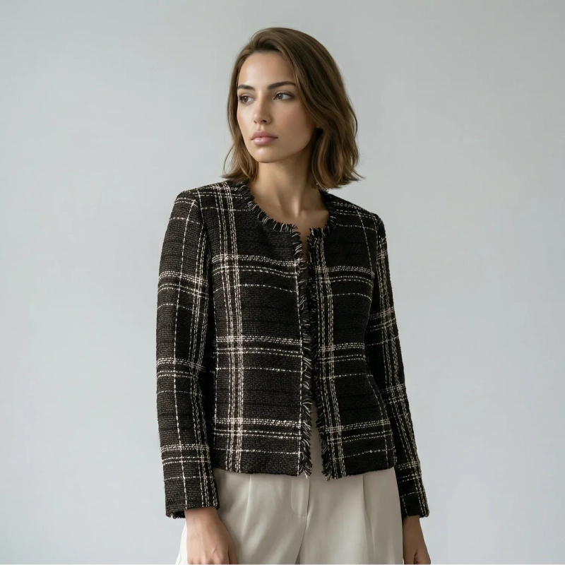 Women&rsquo;s Classic Cropped Jacket With Textured Woven Fabric And Subtle Check Pattern, Ideal For Smart-Casual Outfits