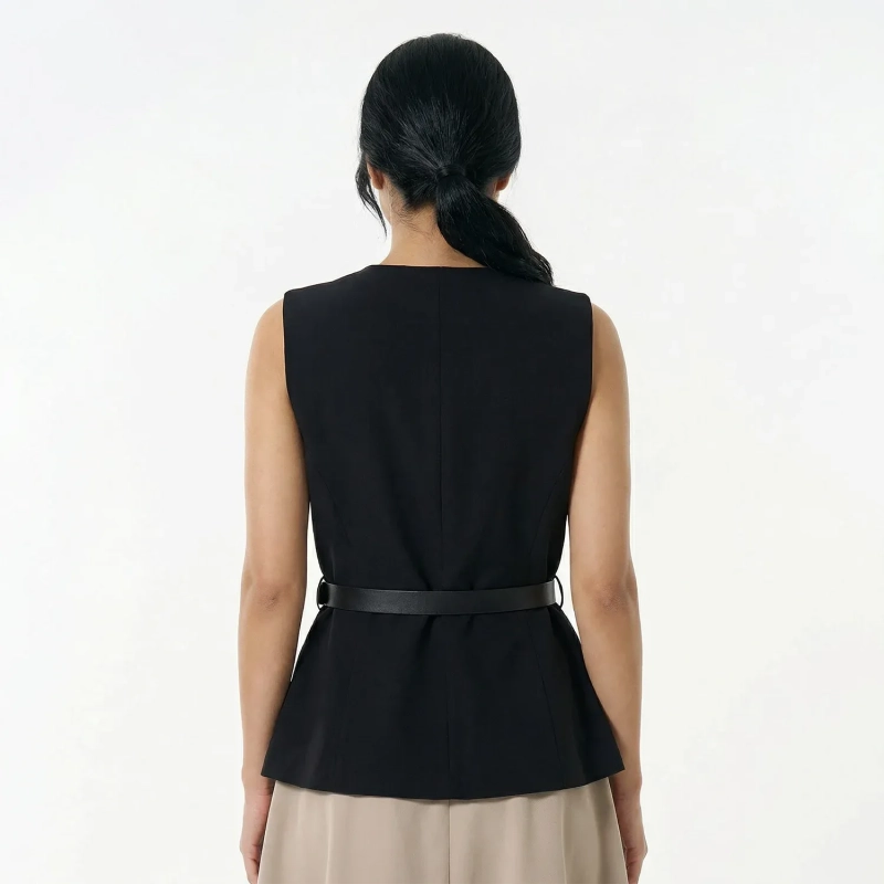 Women&rsquo;s Sleeveless Vest Top With Waist Belt And Front Buttons &ndash;  Elegant Smart-Casual Look