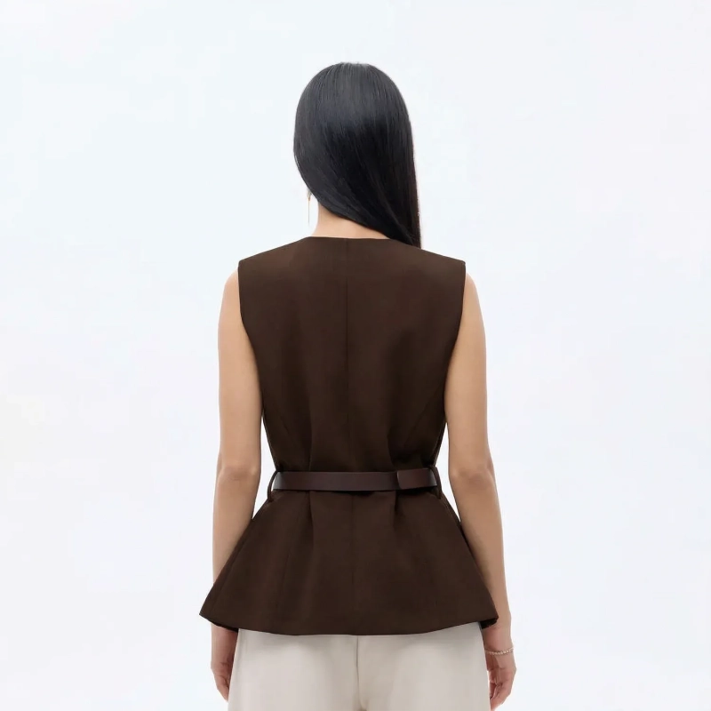 Women&rsquo;s Sleeveless Vest Top With Waist Belt And Front Buttons &ndash;  Elegant Smart-Casual Look