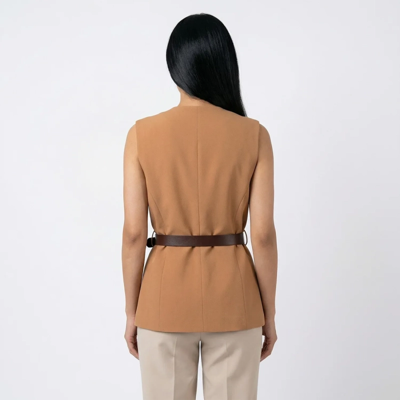 Women&rsquo;s Sleeveless Vest Top With Waist Belt And Front Buttons &ndash;  Elegant Smart-Casual Look