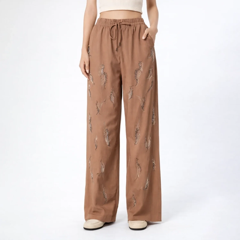 Women&rsquo;s Wide-Leg Trousers With Abstract Pattern &ndash; High-Waist Loose Fit Pants &ndash; Caramel