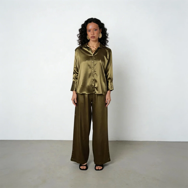 Women&rsquo;s Relaxed-Fit Satin Shirt &ndash; Smooth &amp; Luxurious Everyday And Elegant Essential &ndash; Olive Green