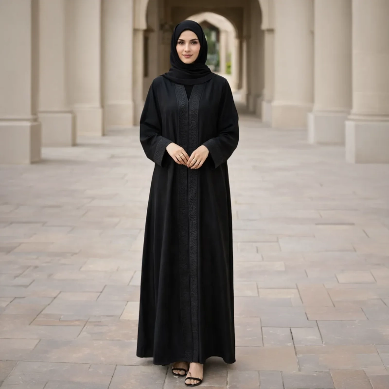 Women's Elegant Closed Abaya with Tonal Embroidery &amp; Textured Sleeve Cuffs - Premium Crepe Fabric with Matching Sheila - Black