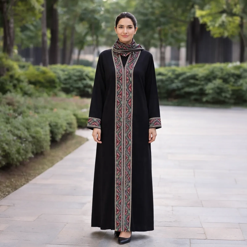 Intricate Geometric Tatreez Embroidered Closed Abaya with Heritage Red &amp; Teal Green Details - Premium Crepe Fabric with Matching Sheila - Black