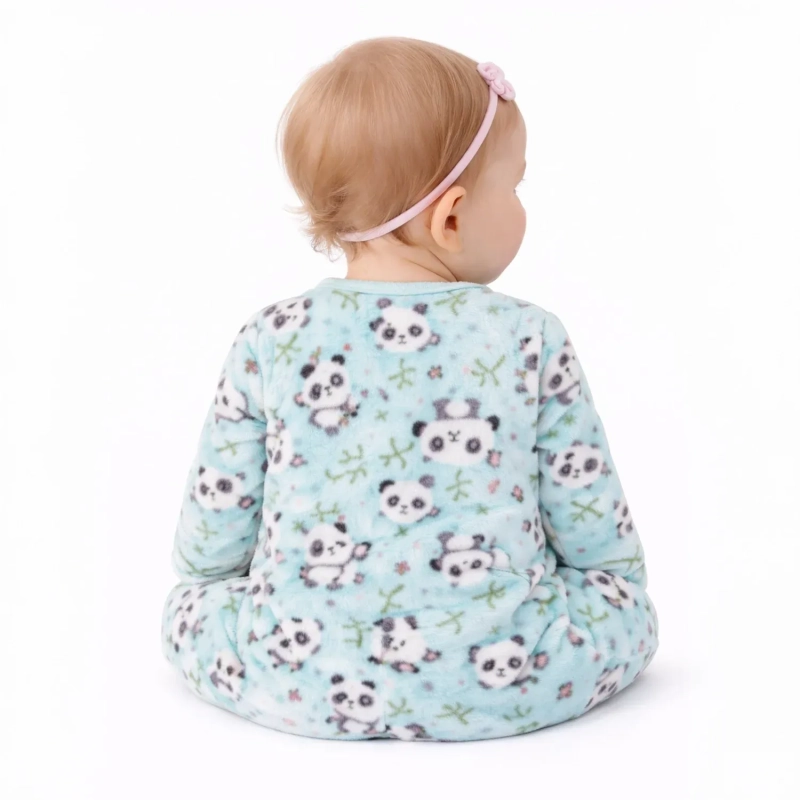 Unisex Baby Fleece Romper &ndash; Soft One-Piece Outfit with Panda Print, Hooded Jumpsuit with Zipper Closure for Newborns &amp; Infants &ndash; Mint Green