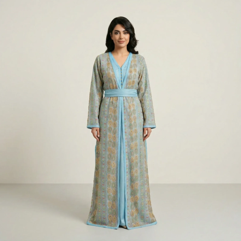 Women's Elegant Regular-Fit Open Kaftan with Belt - Paisley Embroidered Crepe, Festive/Daily Wear