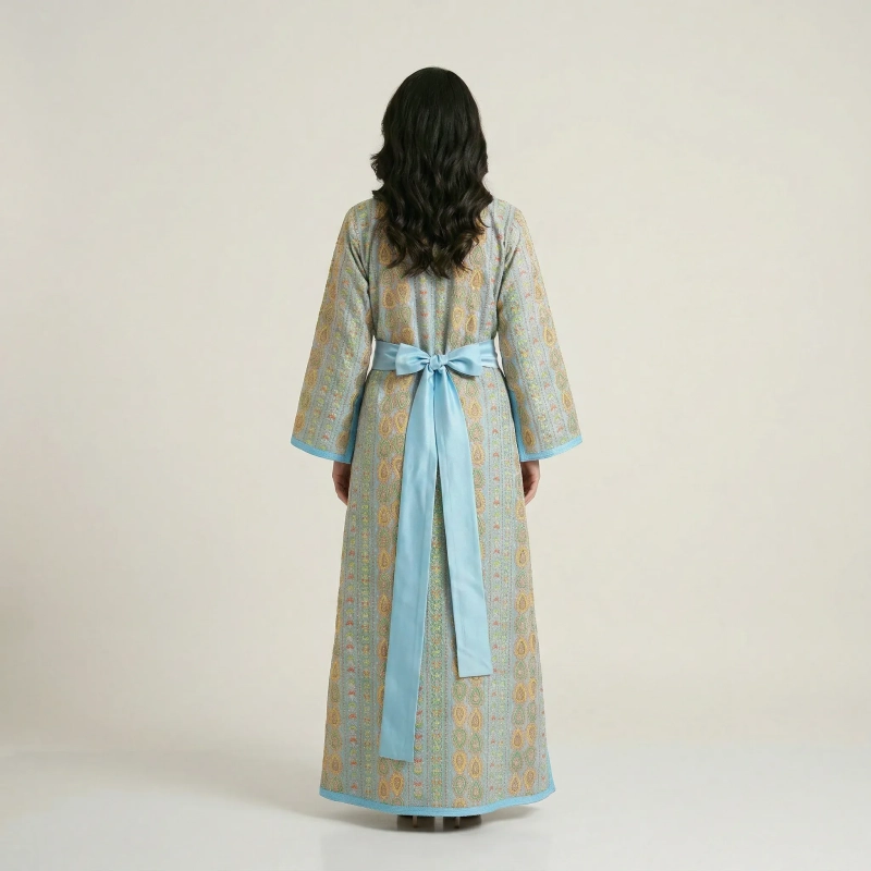 Women's Elegant Regular-Fit Open Kaftan with Belt - Paisley Embroidered Crepe, Festive/Daily Wear