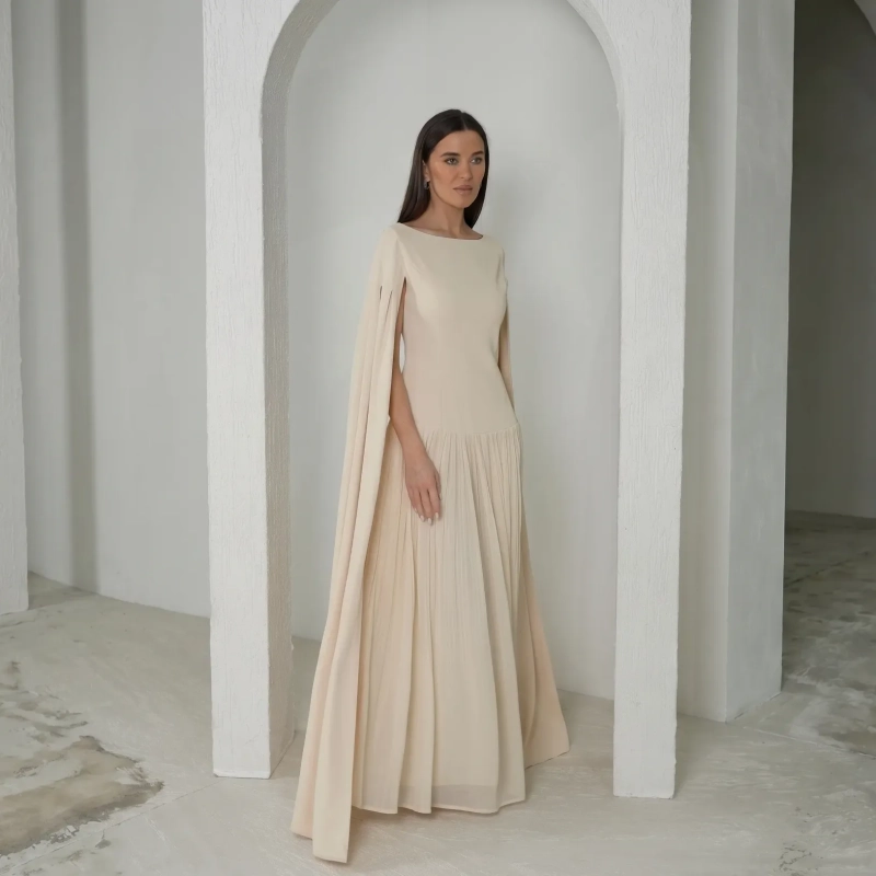 Women's Pleated Elegant Maxi Dress - Pure Timeless Luxury Evening Wear - Cream