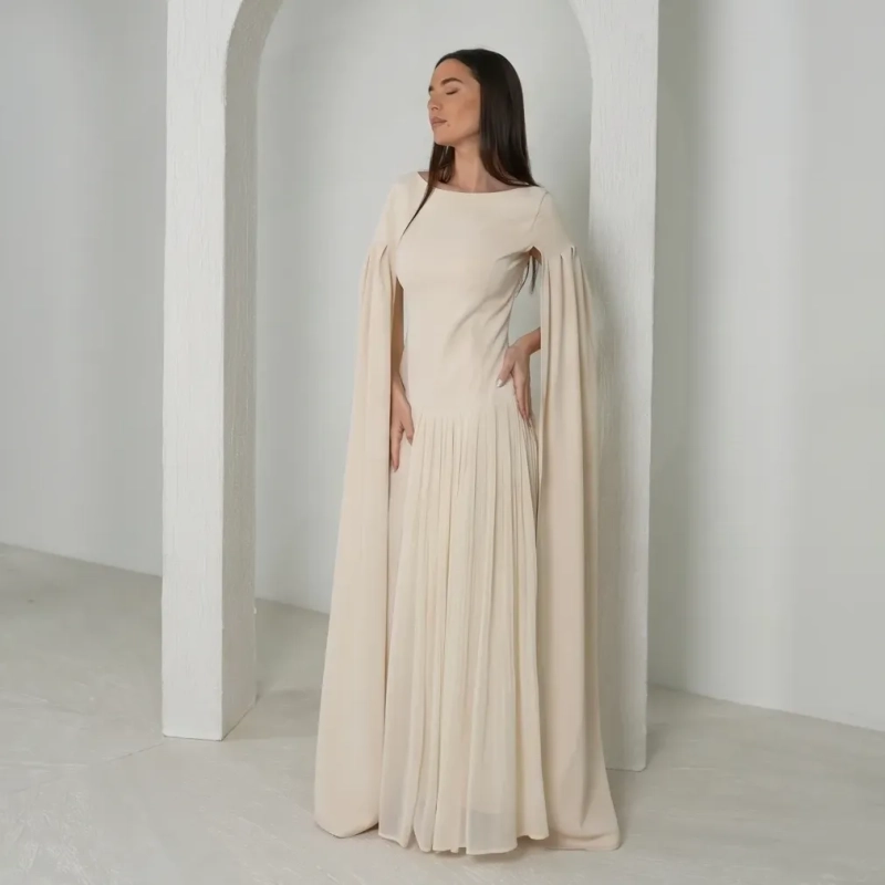 Women's Pleated Elegant Maxi Dress - Pure Timeless Luxury Evening Wear - Cream