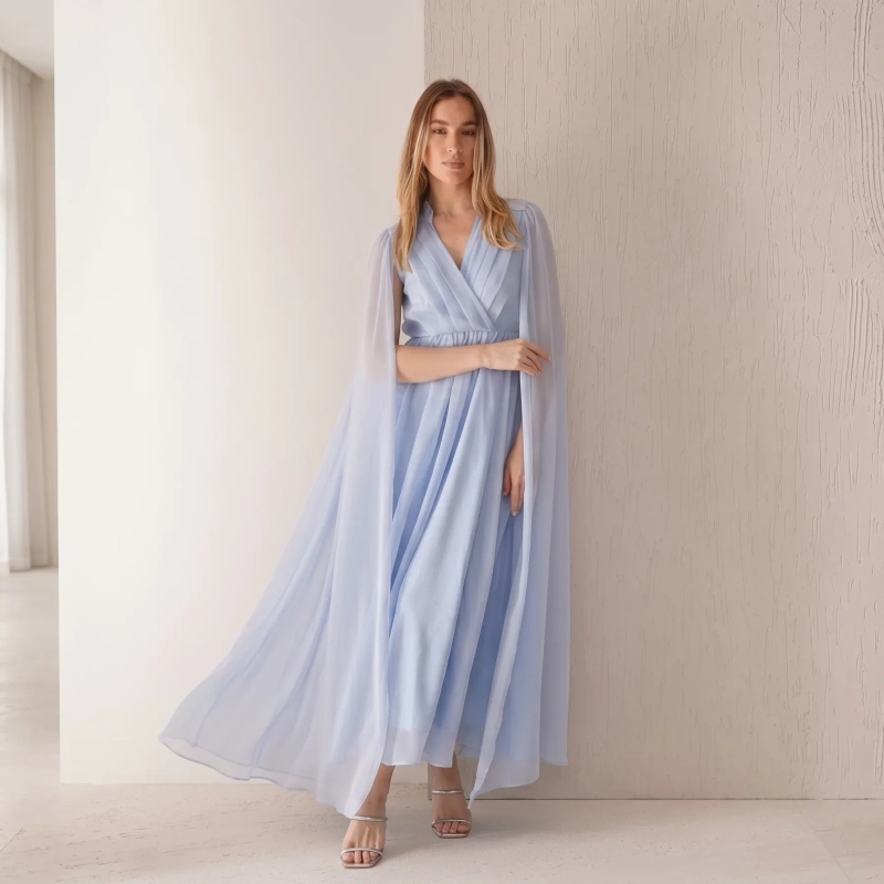 Women's Cape Sleeve Maxi Dress - Elevated Daywear - Light Blue