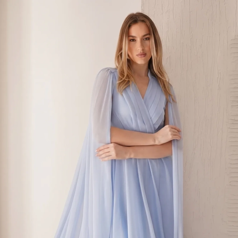 Women's Cape Sleeve Maxi Dress - Elevated Daywear - Light Blue