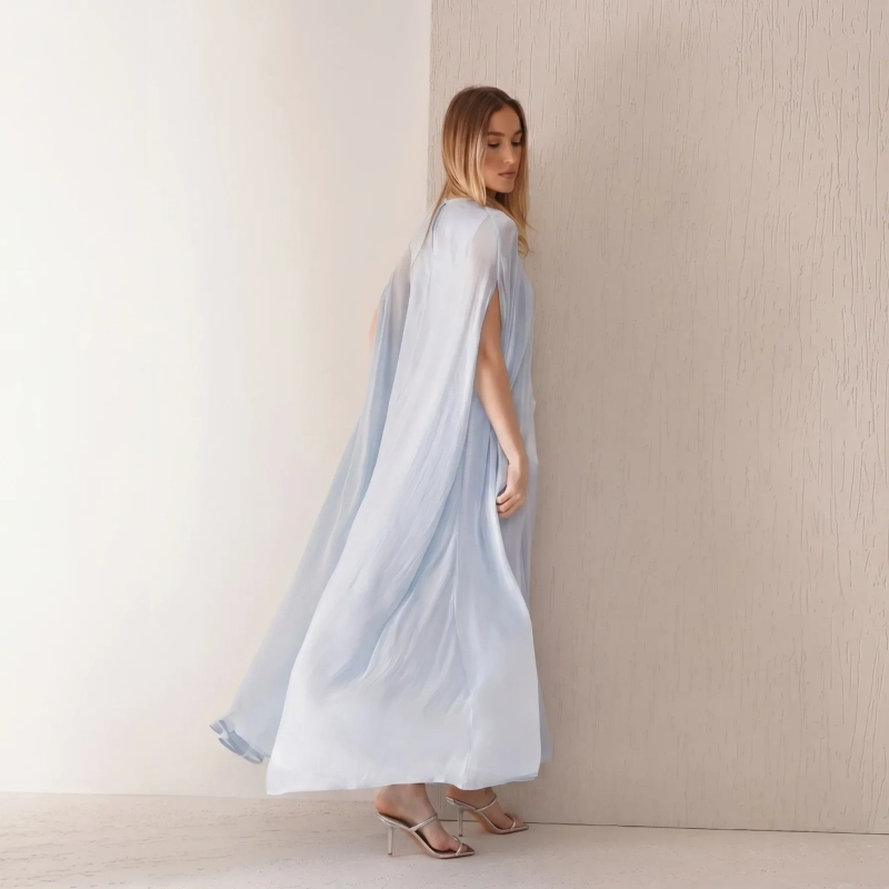 Women's Shoulder Scarf Maxi Dress - Elegant Evening Wear - Light Blue