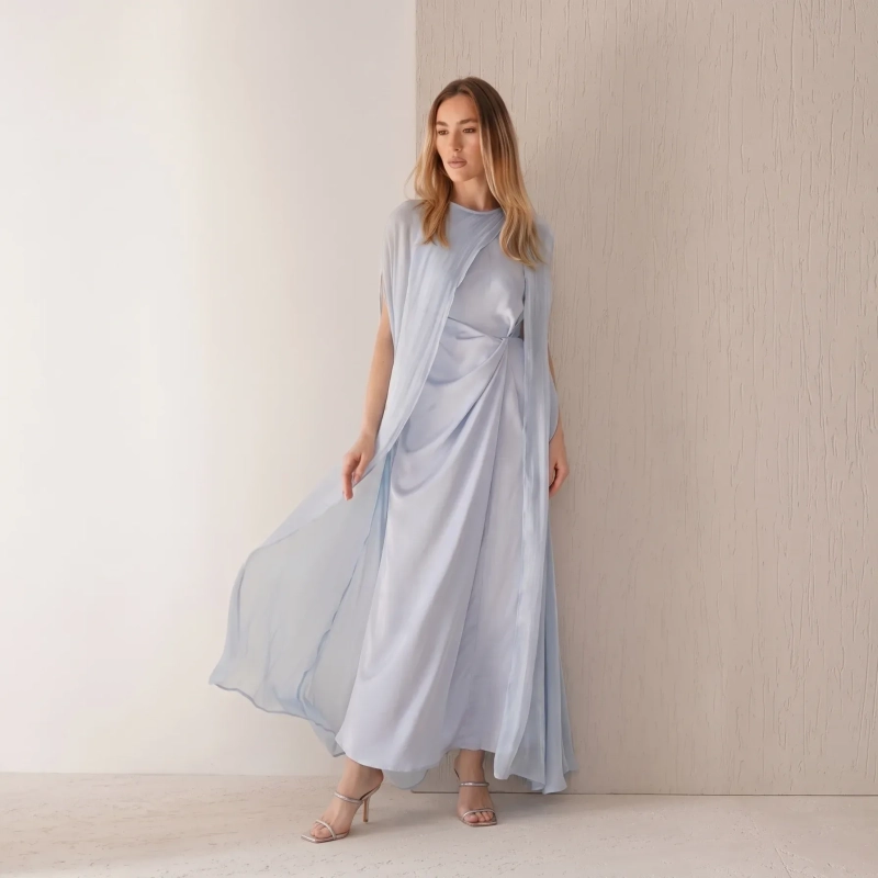 Women's Shoulder Scarf Maxi Dress - Elegant Evening Wear - Light Blue