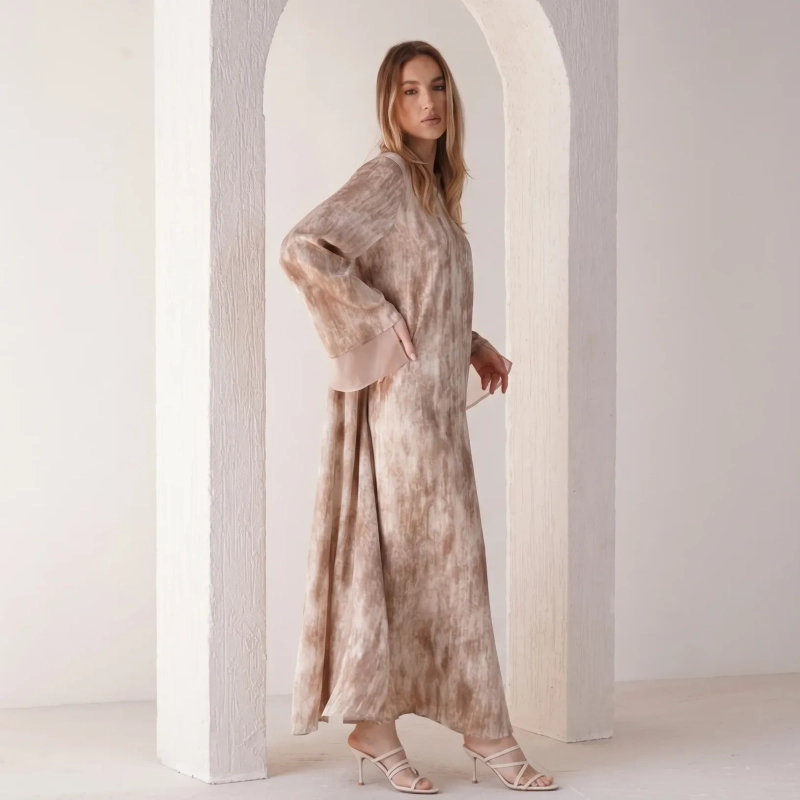 Women's Printed Flowing Maxi Dress - Elevated Daywear - Beige