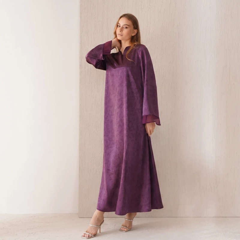 Women's Printed Flowing Maxi Dress - Elegant Majestic Evening Wear - Purple